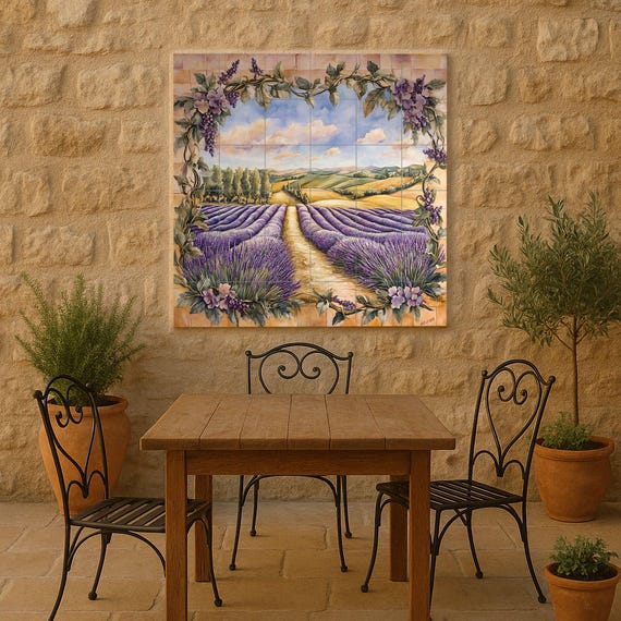 Mural de pared de cerámica con campo de lavanda y marco de vides de la Toscan…