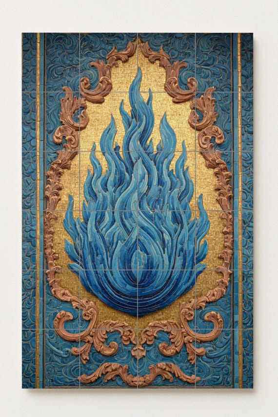 Llama azul sobre mosaico dorado — vista 4