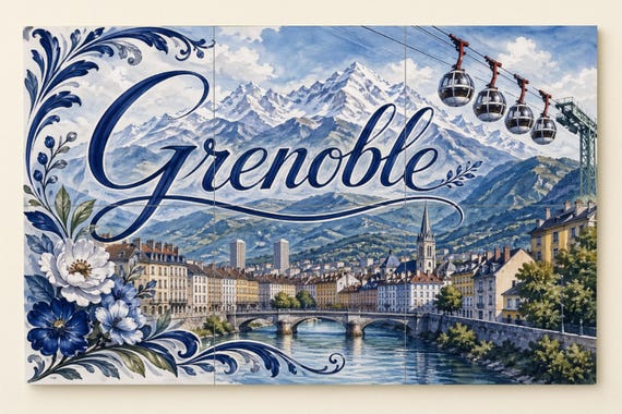 Mural de azulejos de cerámica de Grenoble, arte mural de los Alpes franceses …