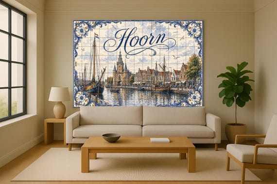 Mural de azulejos de cerámica del puerto histórico de Hoorn, barcos de vela h… — vista 2