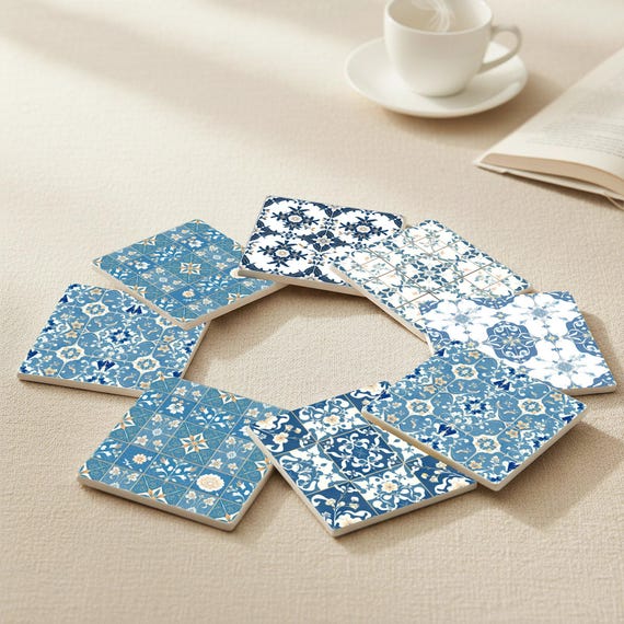 Azulejos portugueses - Posavasos de cerámica azul y blanca — vista 4