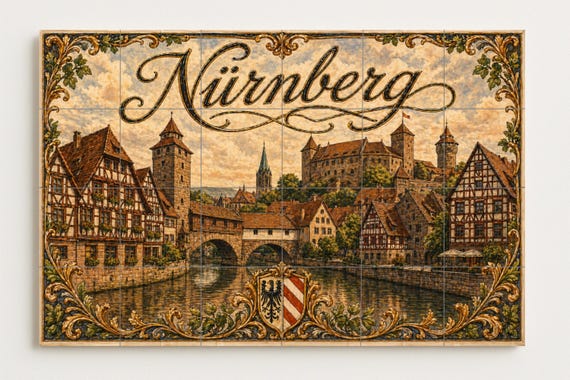 Mural de azulejos de cerámica de Núremberg, arte mural de paisaje urbano medi… — vista 2