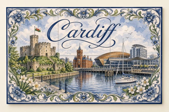 Mural de azulejos de cerámica de Cardiff, Gales, arte mural del Castillo de C… — Mural cerámico de Cerámicas La Noria