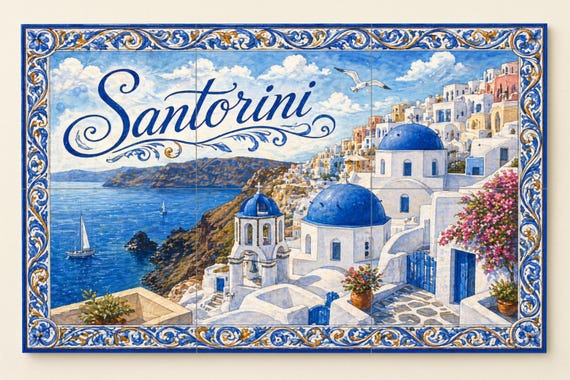 Mural de azulejos de cerámica de Santorini, Grecia, arte mural costero medite… — vista 4