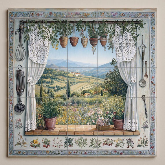 Mural de azulejos de cerámica con vista a la campiña toscana y colinas de viñ… — vista 4