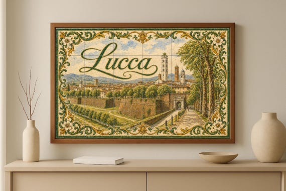 Mural de azulejos de cerámica de Lucca, Toscana, arte mural de la campiña ita… — vista 2