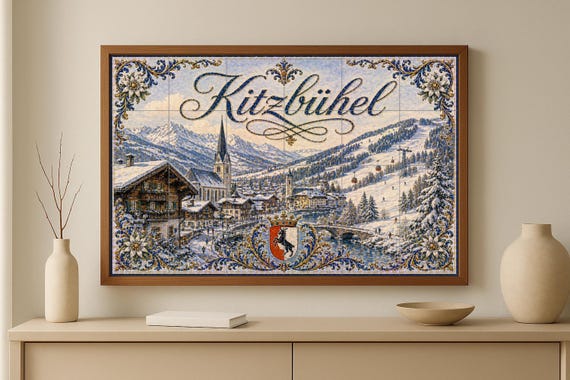Mural de azulejos de cerámica de Kitzbühel, Austria, estación de esquí alpina… — vista 3