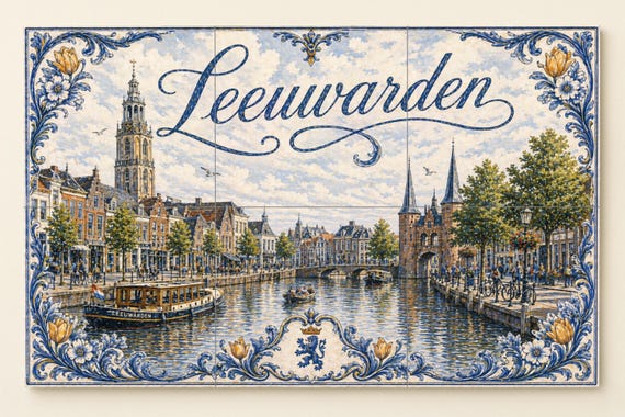 Mural de azulejos de cerámica de los canales históricos de Leeuwarden, Países…