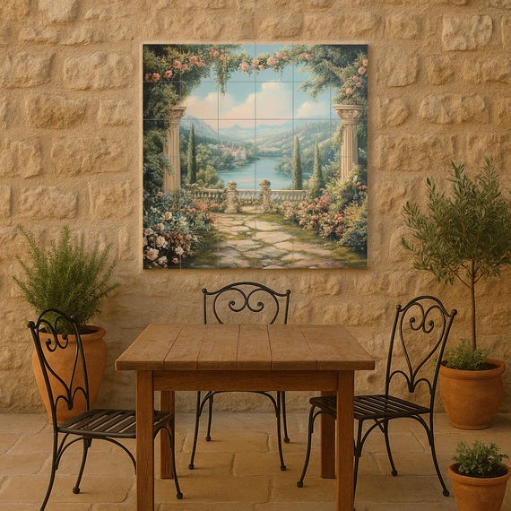 Mural de azulejos de cerámica con jardín romántico