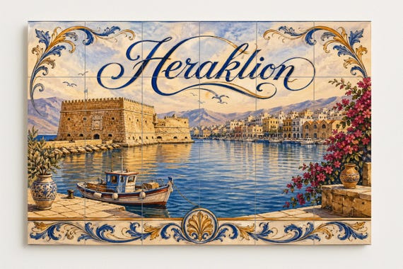 Mural de azulejos de cerámica de Heraklion, Creta, arte mural del puerto medi… — vista 3