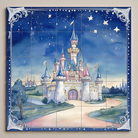 Mural de pared de cerámica de castillo de cuento de hadas con cielo estrellad… — vista 3
