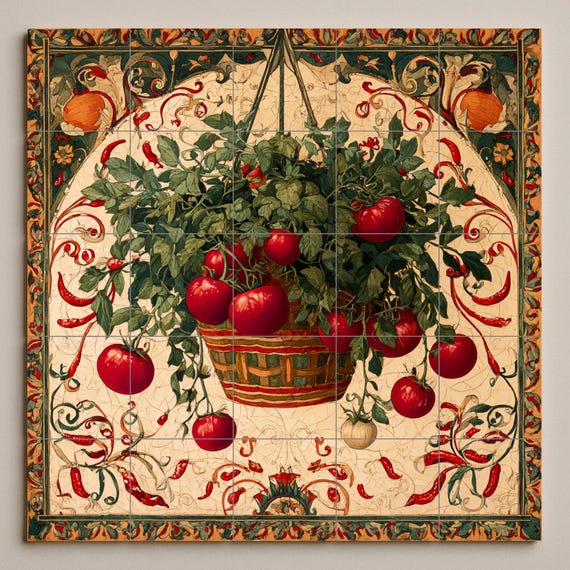 Mural de azulejos de cerámica italiana rústica con cesta de tomates colgante … — vista 3