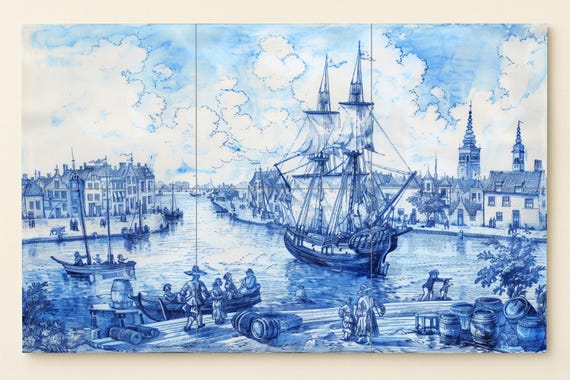 Mural de azulejos de barco azul de Delft — vista 2