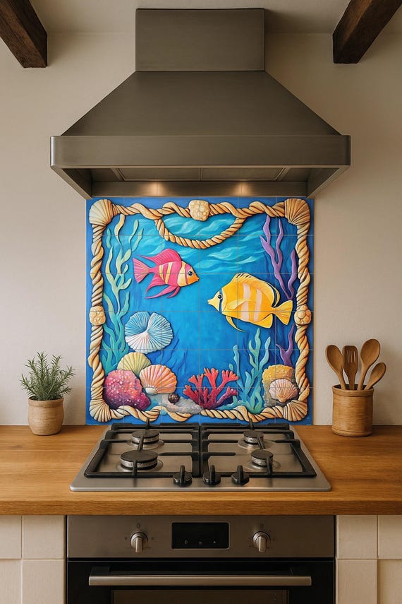Mural de azulejos submarinos con peces de colores, conchas y marco de coral. … — vista 2