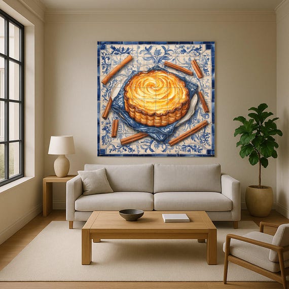 Mural portugués de azulejos de cerámica pastel de nata con palitos de canela …