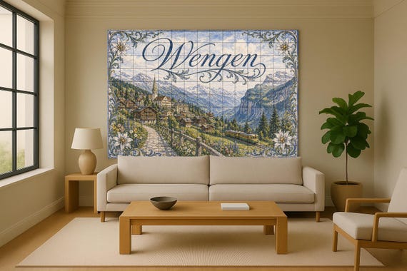 Mural de azulejos de cerámica de Wengen, Suiza, arte mural de pueblo alpino, … — vista 2