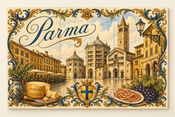 Mural de azulejos de cerámica de Parma, Italia, arte mural culinario italiano… — Mural cerámico de Cerámicas La Noria