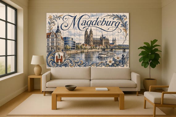 Mural de azulejos de cerámica de Magdeburgo, arte mural de paisaje urbano del… — vista 2