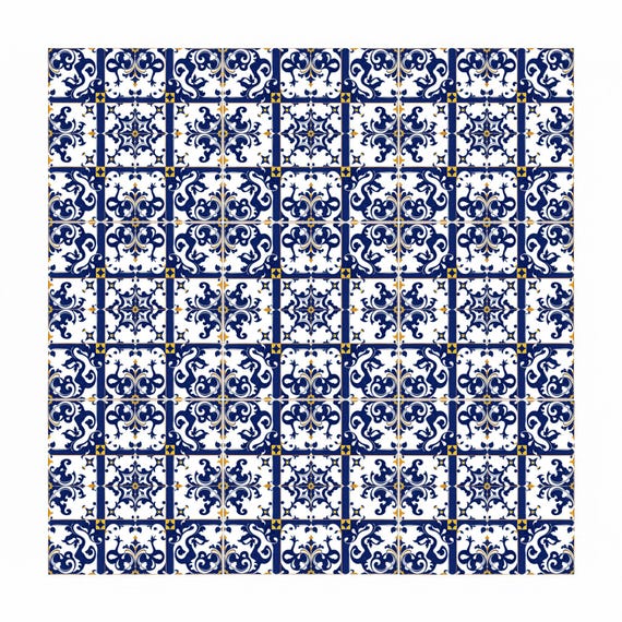 Portugués-inspirado azul y blanco pared con rhythmic geométrico celosía diseño. — vista 4