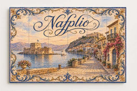 Mural de azulejos de cerámica de Nafplio, Grecia, arte mural costero del puer… — vista 4