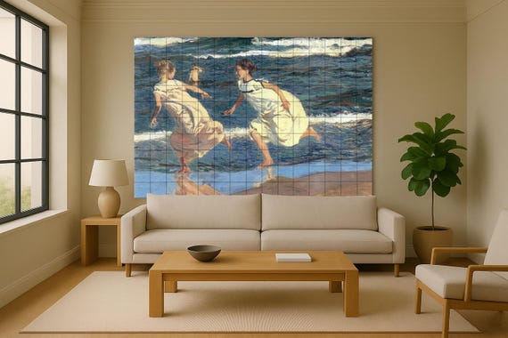 Mural de azulejos de Sorolla corriendo en la playa de Valencia