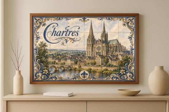 Mural de azulejos de cerámica de Chartres, arte mural de la catedral gótica f… — vista 3