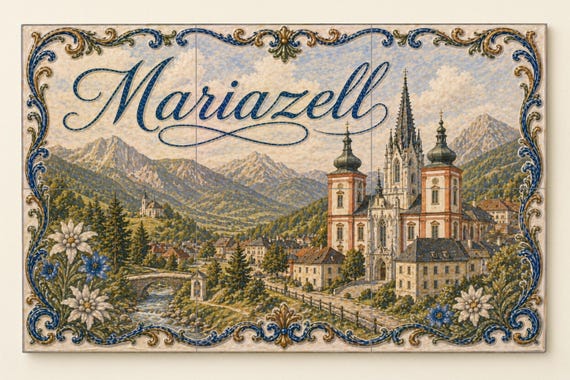 Mural de azulejos de cerámica de Mariazell, Austria, Basílica alpina y decora… — vista 3