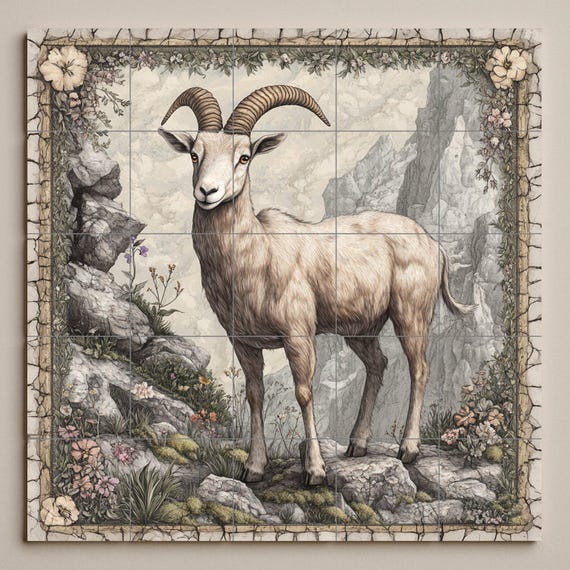 Mural de azulejos de cerámica con cabra montés en un acantilado rocoso, panel… — vista 3
