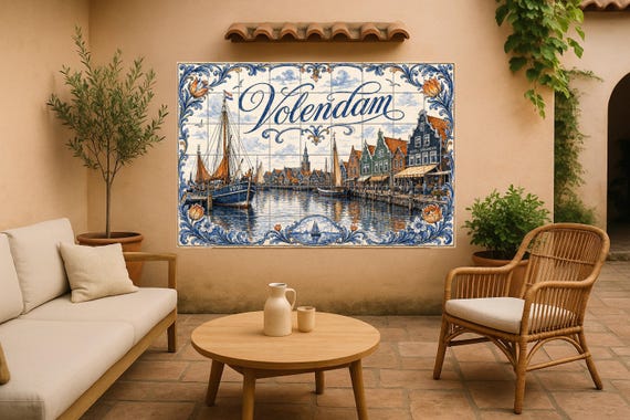 Mural de azulejos de cerámica del puerto de Volendam, Países Bajos, decoració… — vista 3