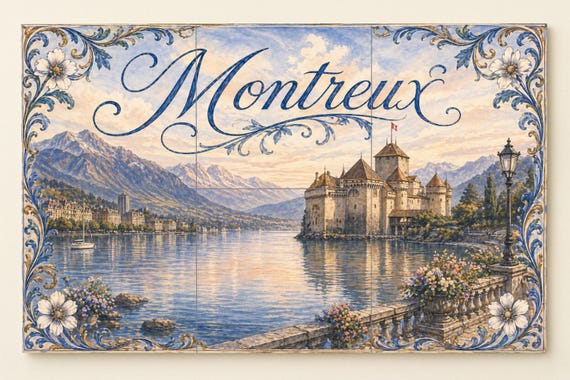 Mural de azulejos de cerámica de Montreux, Suiza; Arte mural del Castillo de … — vista 3