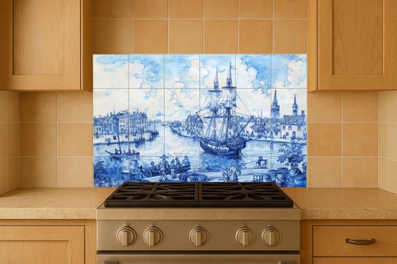 Mural de azulejos de barco azul de Delft — vista 4