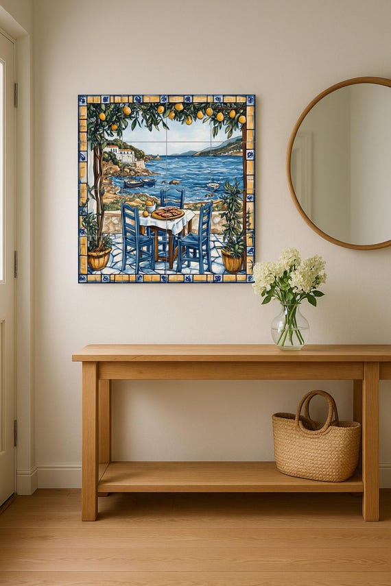 Mural de azulejos cerámicos de una taberna de una isla griega con sillas azul… — vista 2