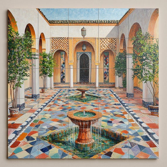 Mural cerámico de un riad marroquí con fuente en el patio — vista 3