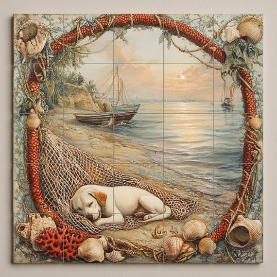Mural de azulejos de cerámica con un cachorro junto al mar — vista 3
