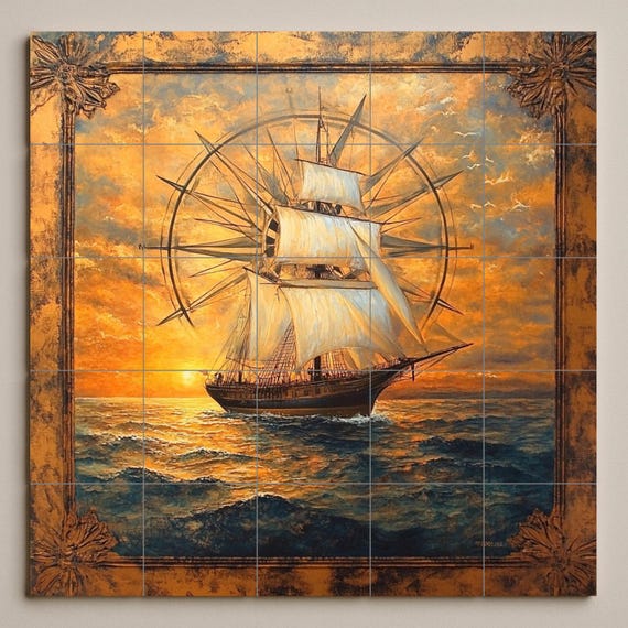 Mural de pared de cerámica con diseño de velero alto y rosa de los vientos co… — vista 3
