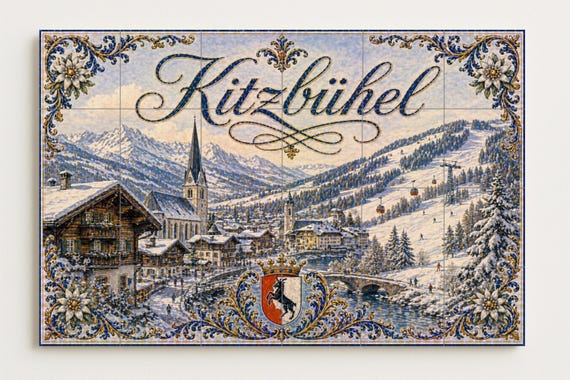 Mural de azulejos de cerámica de Kitzbühel, Austria, estación de esquí alpina… — vista 4