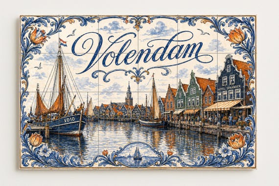 Mural de azulejos de cerámica del puerto de Volendam, Países Bajos, decoració… — vista 4