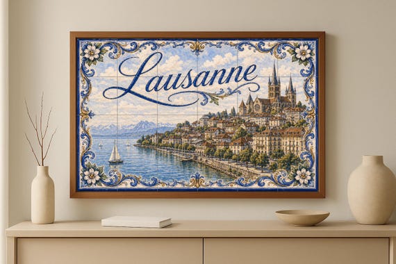 Mural de azulejos de cerámica de Lausana, Suiza; arte mural del lago Lemán; d… — vista 2