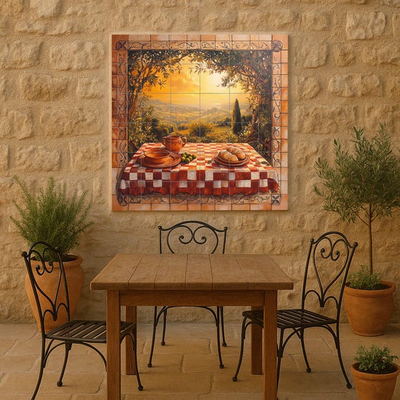 Mural de azulejos de cerámica de viñedos de Chianti con ondulantes colinas to… — vista 4