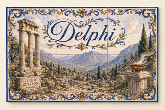 Mural de azulejos de cerámica de Delfos, Grecia, arte mural de ruinas antigua… — vista 3