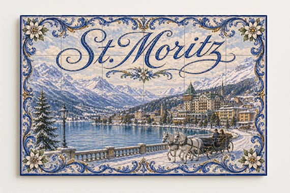 Mural de azulejos de cerámica de St. Moritz, arte mural de invierno de los Al… — vista 4