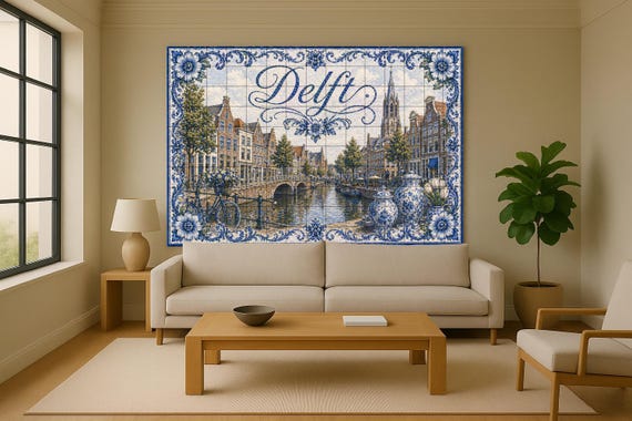 Mural de azulejos de cerámica de Delft, Países Bajos, decoración de pared con… — vista 2