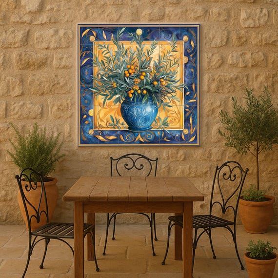 Mural de azulejos de cerámica con jarrón de aceitunas mediterráneo — vista 4