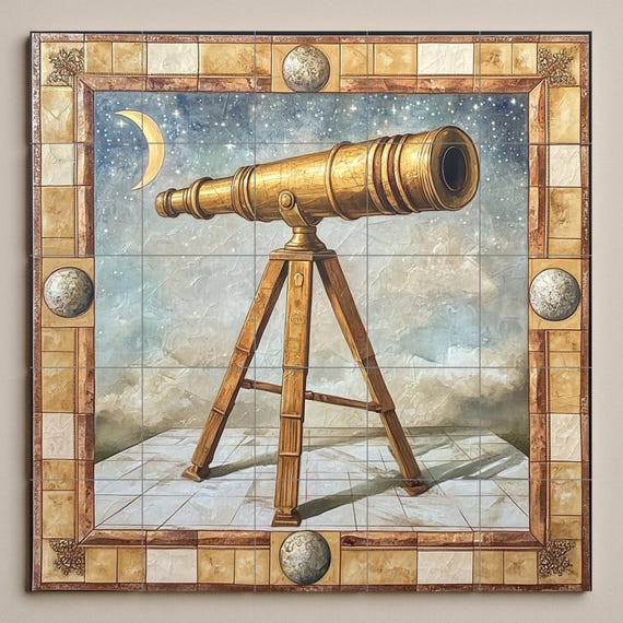 Mural de cerámica con telescopio dorado — vista 3