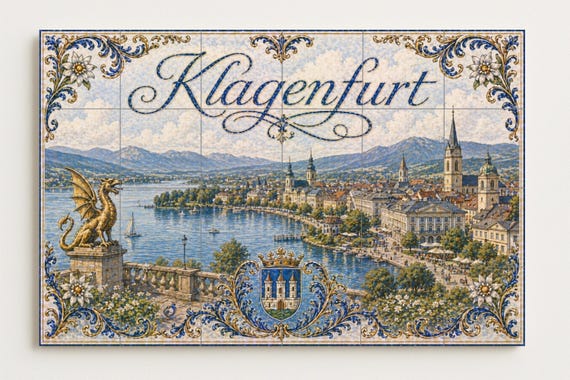 Mural de azulejos cerámicos de Klagenfurt Wörthersee Austria, dragón Lindwurm… — vista 4