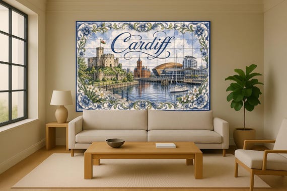 Mural de azulejos de cerámica de Cardiff, Gales, arte mural del Castillo de C… — vista 2