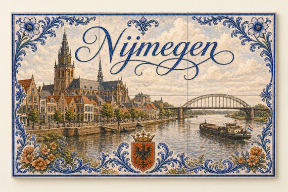 Mural de azulejos de cerámica del río Waal en Nijmegen, histórico puente hola…