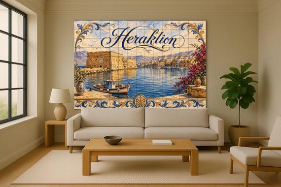 Mural de azulejos de cerámica de Heraklion, Creta, arte mural del puerto medi… — vista 2