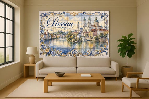 Mural de azulejos de cerámica de Passau, Alemania, arte mural de paisaje urba… — vista 2