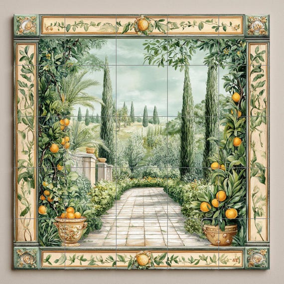 Mural de pared de cerámica de jardín mediterráneo con naranjos y camino de ci… — vista 3